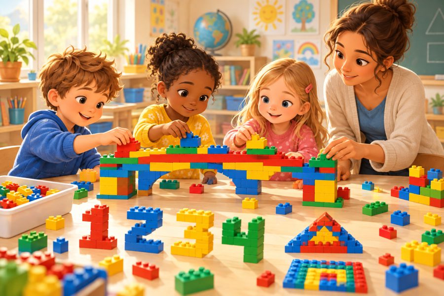 Illustration: Kinder bauen mit einer Lehrkraft eine Brücke aus bunten Klemmbausteinen.