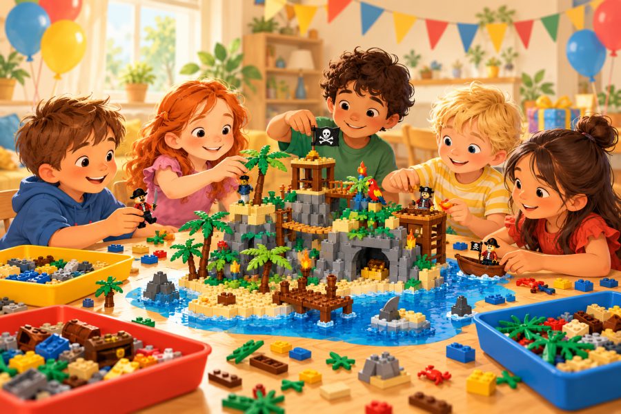Illustration: Kinder bauen bei einer Geburtstagsfeier eine Pirateninsel aus Klemmbausteinen.