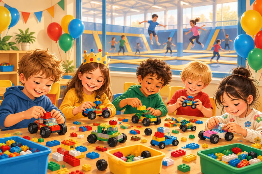 Illustration: Kinder bauen Fahrzeuge im Partyraum, im Hintergrund ist eine Trampolinhalle zu sehen.