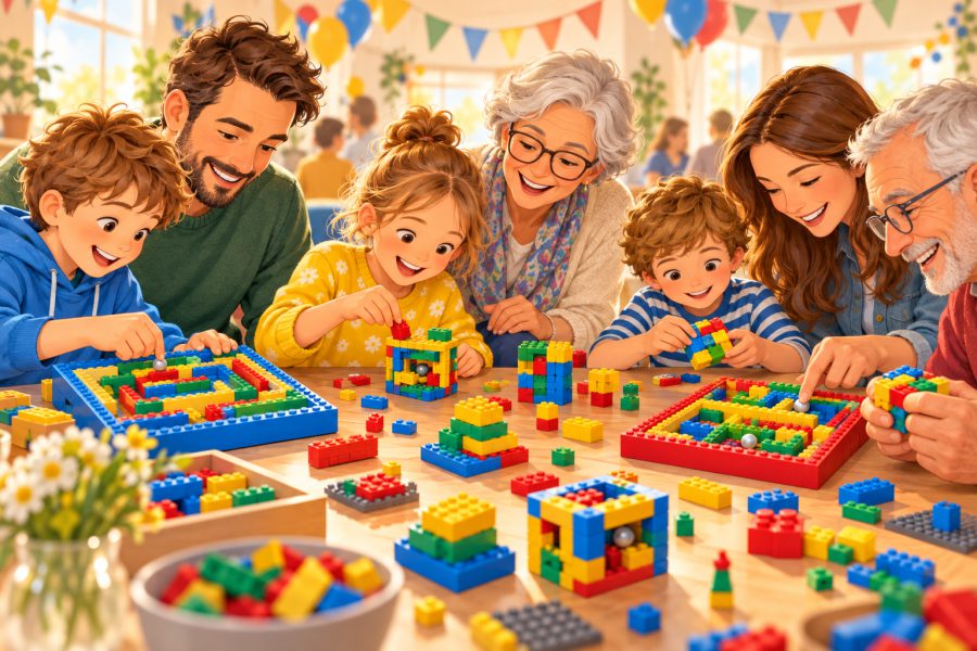 Illustration: Kinder und Erwachsene lösen gemeinsam Knobelspiele aus Klemmbausteinen.