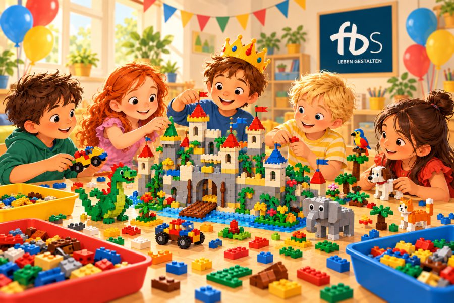 Illustration: Kinder bauen beim Geburtstag eine bunte Klemmbaustein-Burg, im Hintergrund das Logo der fbs Ulm.